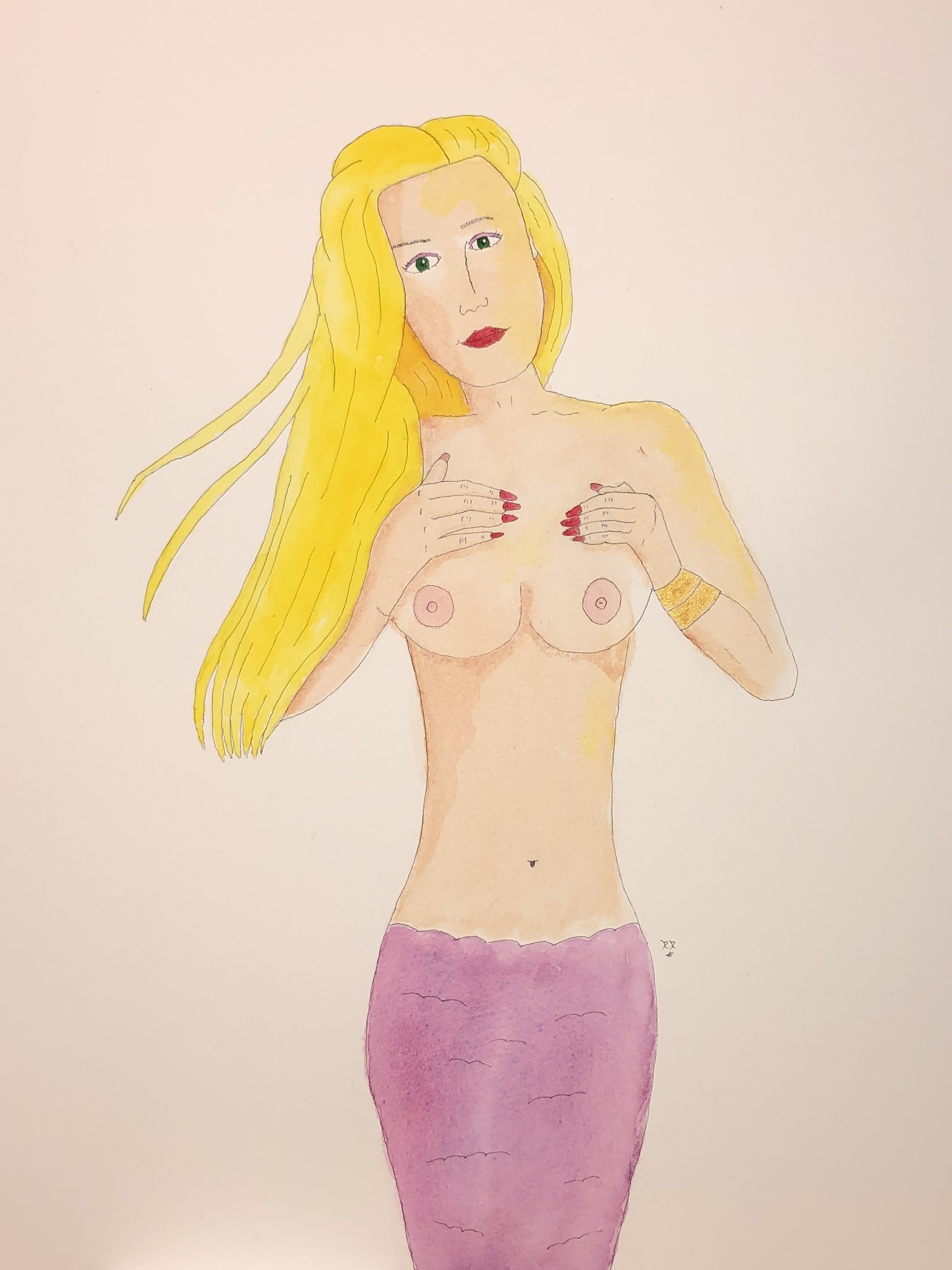 blonde mermaid painted on hot press watercolor paper
