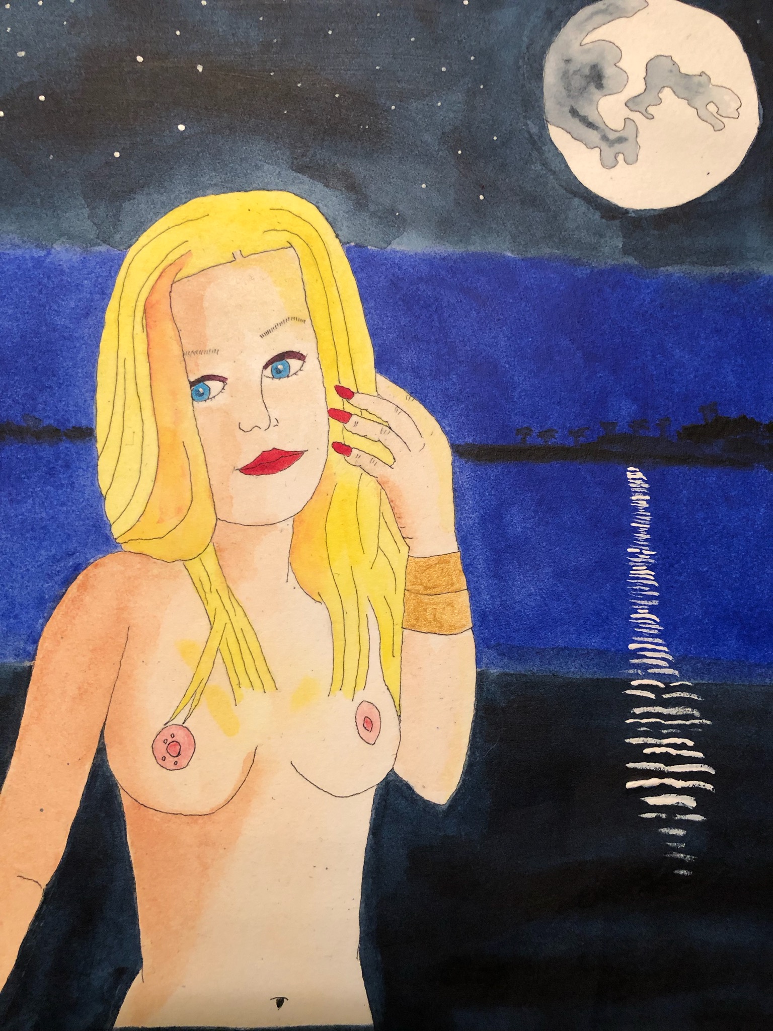 gorgeous blonde bather topless by moonlight