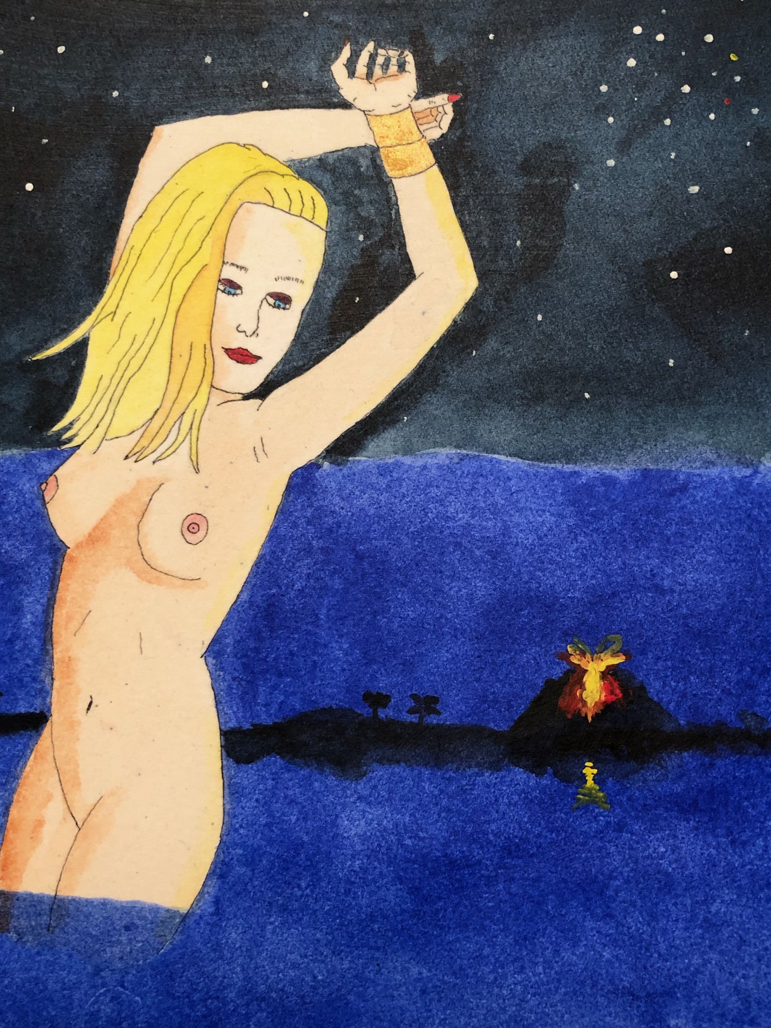 Blonde beautiful nude witch by volcano
